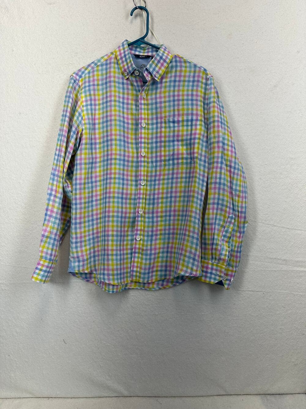 Bohio Men's Plaid 100% Linen Button Down Long Sleeve Blue SZ M Preppy Casual